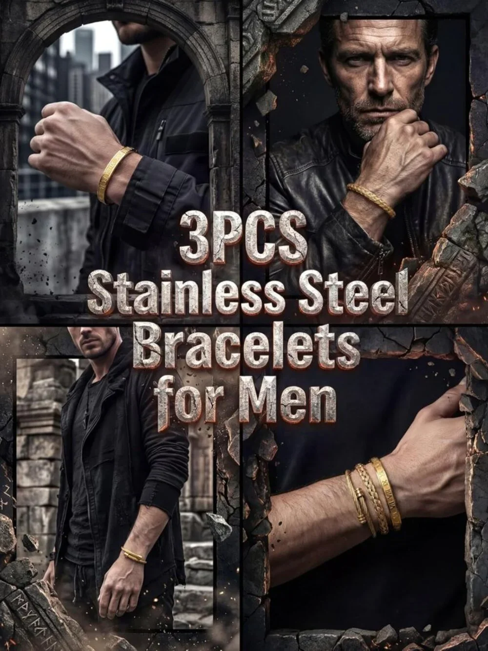 3Pcs Men's Stainless Steel Bracelets - Adjustable Roman Numeral & Twisted Cable